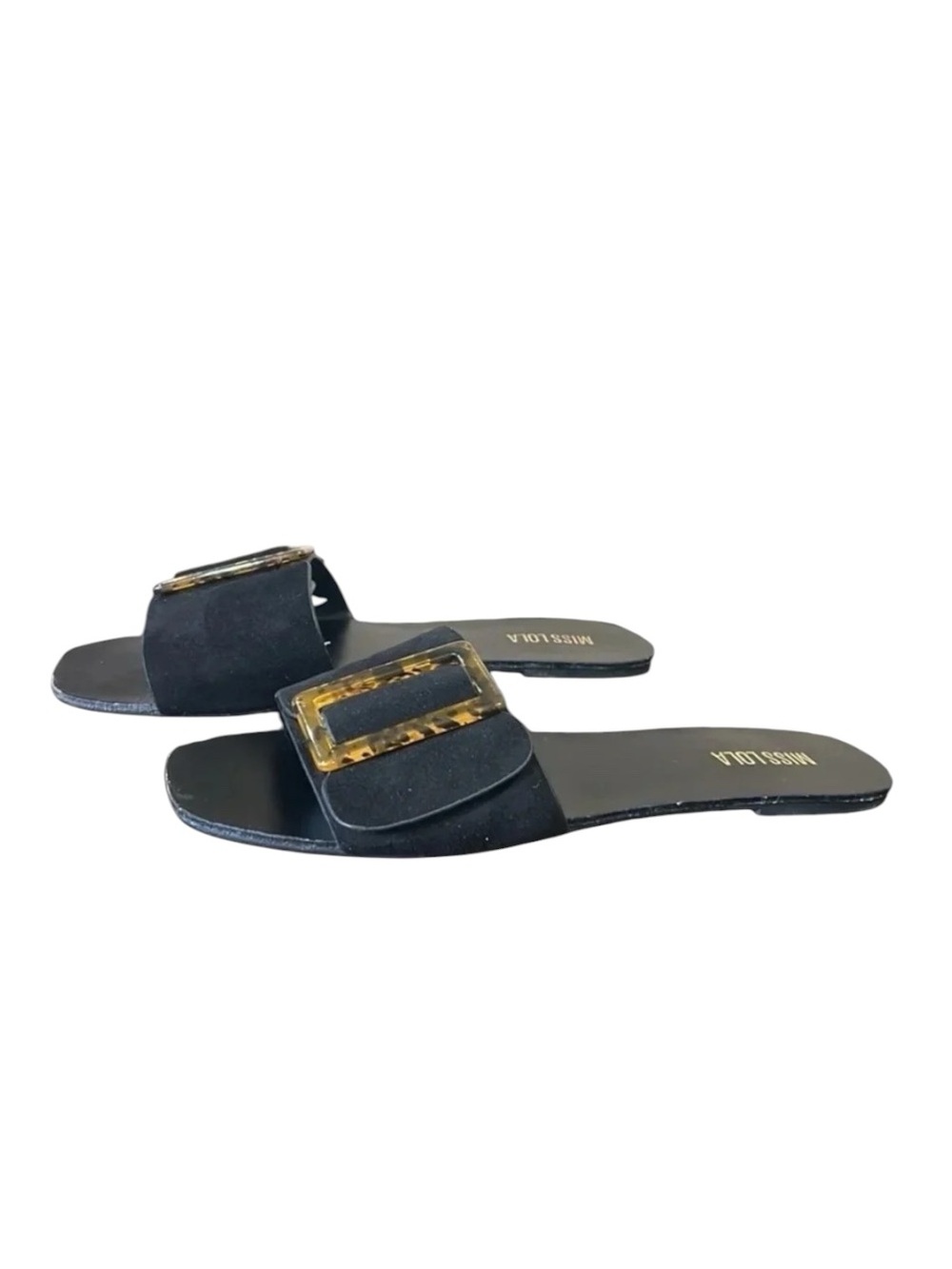 Miss Lola Bradley Black Suede Slide Sandals Tortoiseshell Pattern Buckle Size 8